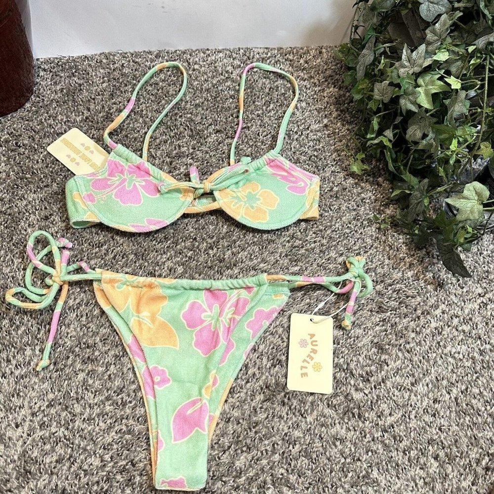 Aurelle Kiva Green Bikini Set Medium Bottom Small Top Classic Floral New